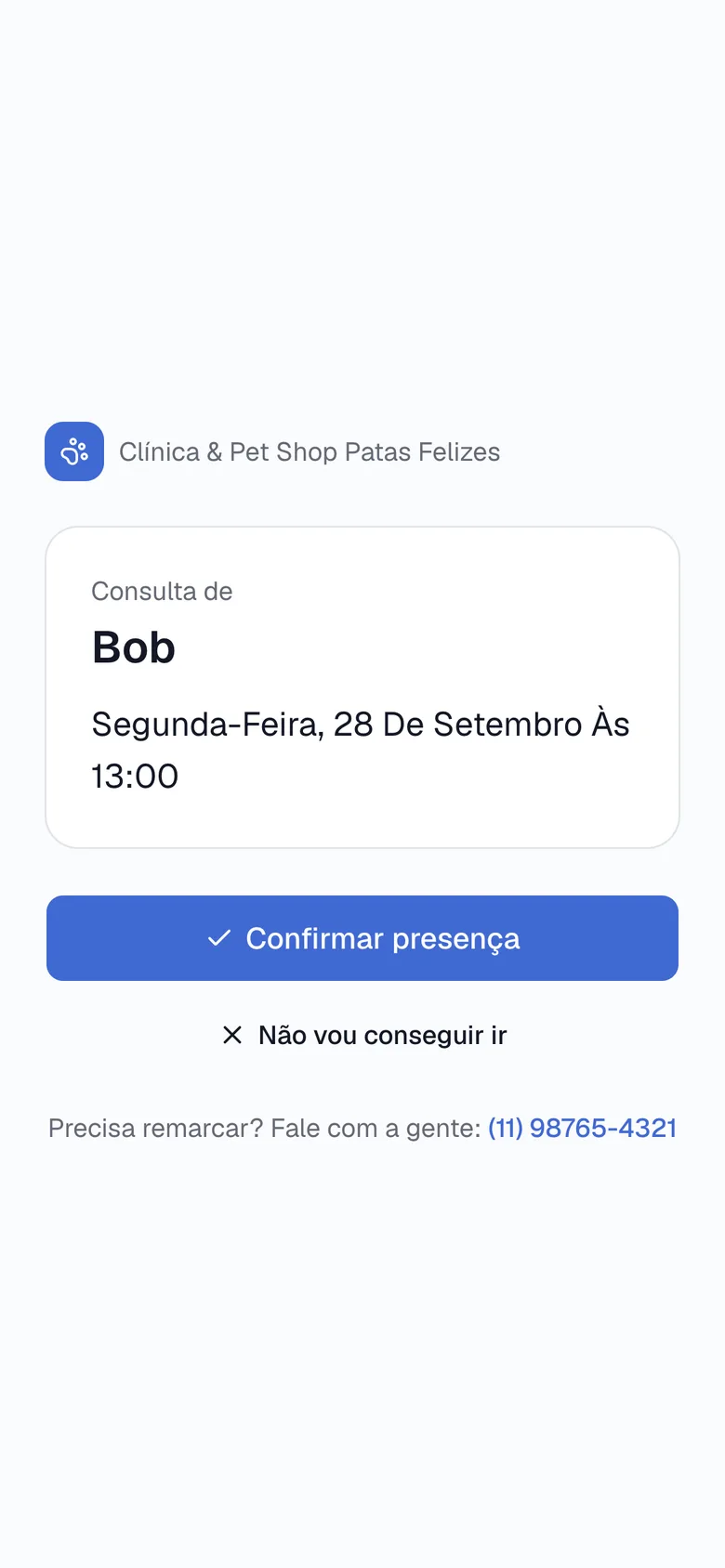 Página em que o tutor confirma presença ou avisa que não vai conseguir ir